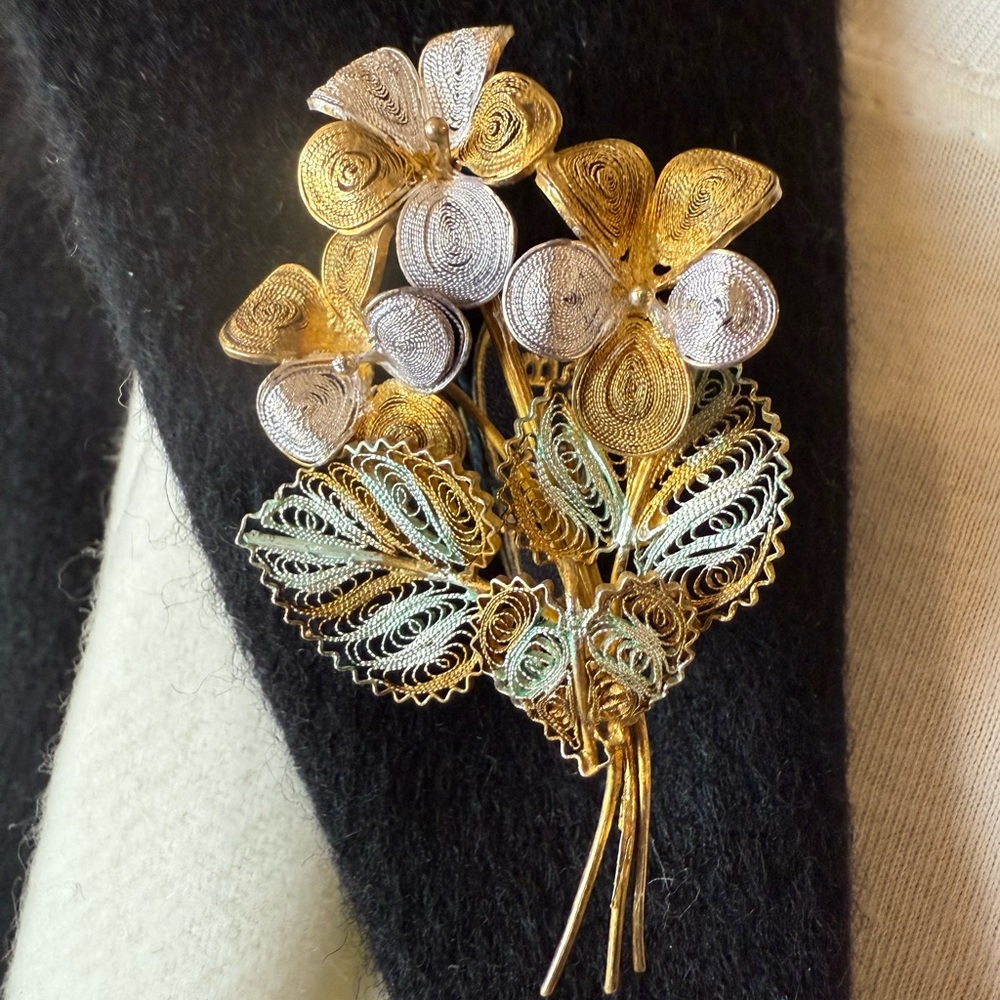 Vintage Gold and 800 Silver Floral Brooch, Mano, Florence Italy
